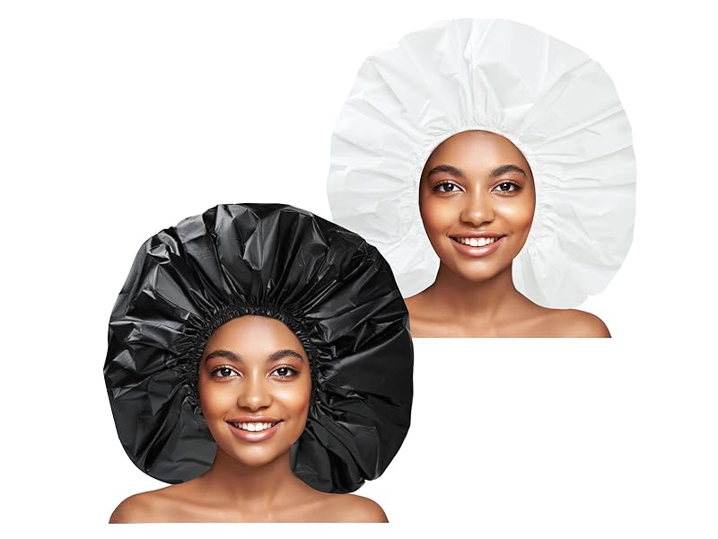 Super Jumbo Shower Cap 2 PCS Waterproof Shower Caps for Women, Extra Large Shower Cap, Reusable Super Large Bath Caps Hair Cap for Long Thick Curly Hair, Locs, Twist Braids - Black + White