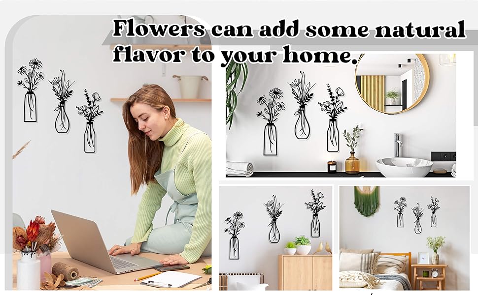3 Pieces Metal Flowers Wall Arts - Rustic Farmhouse Decor Black Minimalist Flower Wall Decors for Living room Bathroom Bedroom Dining Room - Housewarming Gifts(Black, Vase-C)