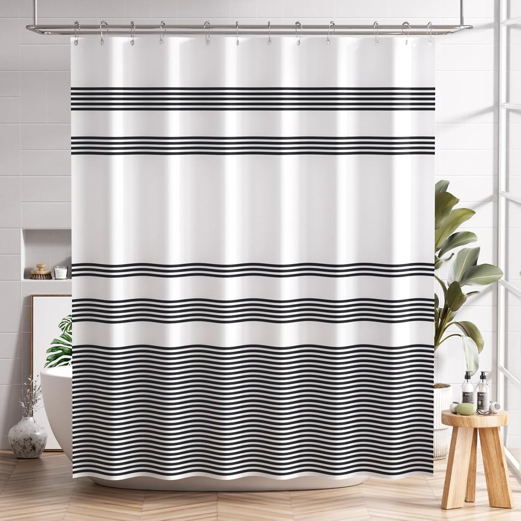 Shower Curtain, Washable Cloth Black Shower Curtain Sets with 12 Shower Curtain Hooks, Fabric Rustic Black and White Striped Curtain, Farmhouse Bathroom Curtains, 72x72 Inches