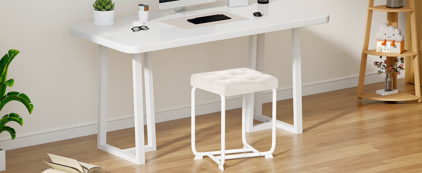 White Vanity Chair, Leather Vanity Stool, Small Stool Chair for Vanity, Square Ottoman Foot Stool, Makeup Vanity Chairs with Thick Padded Seat for Bathroom, Bedroom, Entryway, KFD01W