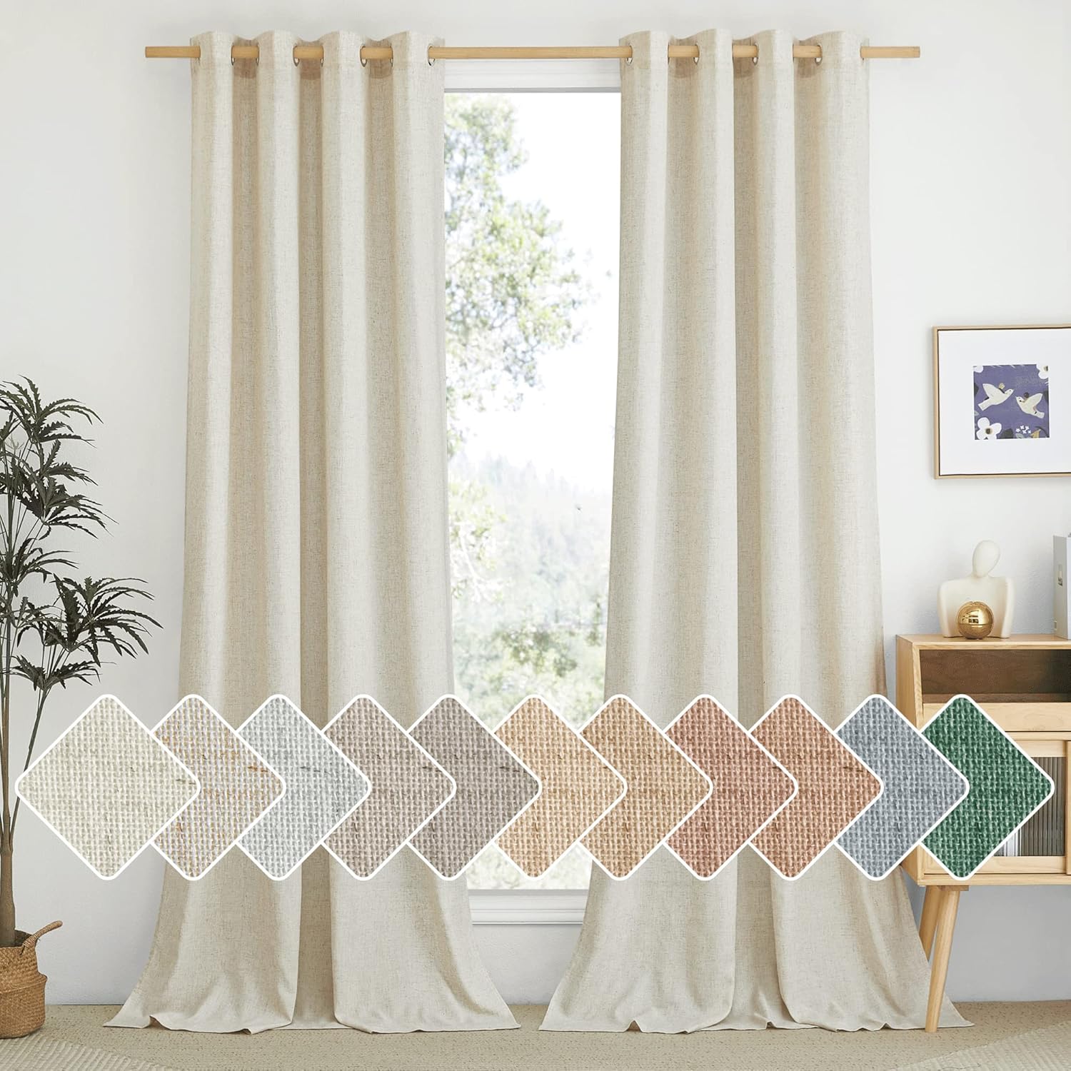 Natural Linen Curtains 84 inch Long 2 Panels Set, Grommet Top Thick Linen Burlap Semi Sheer Vertical Drapes Privacy Assured with Light Filtering for Bedroom/Living Room, W55 x L84