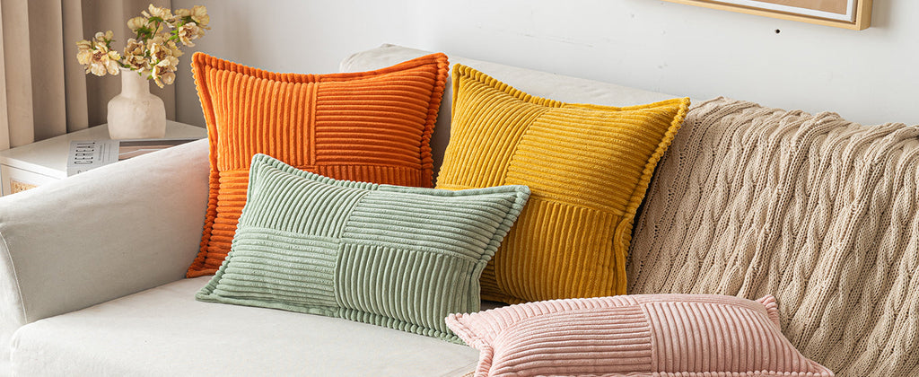 MIULEE Decorative Throw Pillow Covers for Couch Bed Livingroom 18x18 Inch Set of 2 Beige Boho Accent Throw Pllows Broadside Striped Patchwork Soft Corduroy Pillowcases